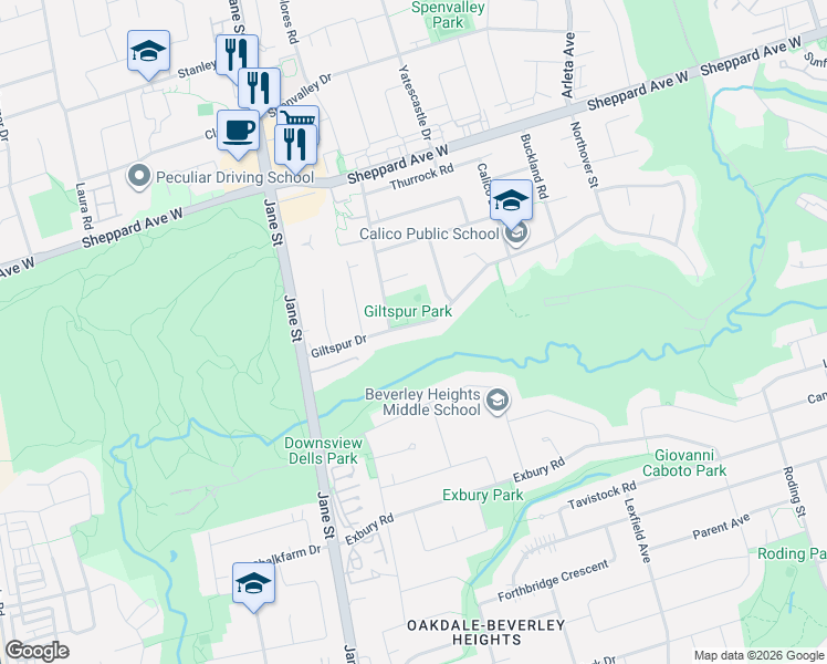 map of restaurants, bars, coffee shops, grocery stores, and more near 75 Giltspur Drive in Toronto
