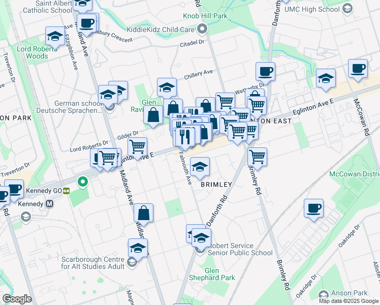 map of restaurants, bars, coffee shops, grocery stores, and more near in Toronto