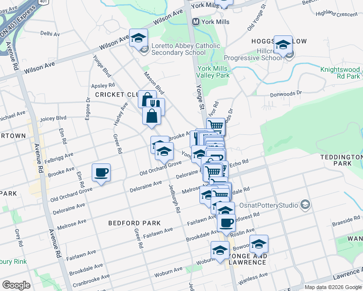 map of restaurants, bars, coffee shops, grocery stores, and more near 50 McNairn Avenue in Toronto