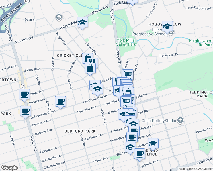 map of restaurants, bars, coffee shops, grocery stores, and more near in Toronto