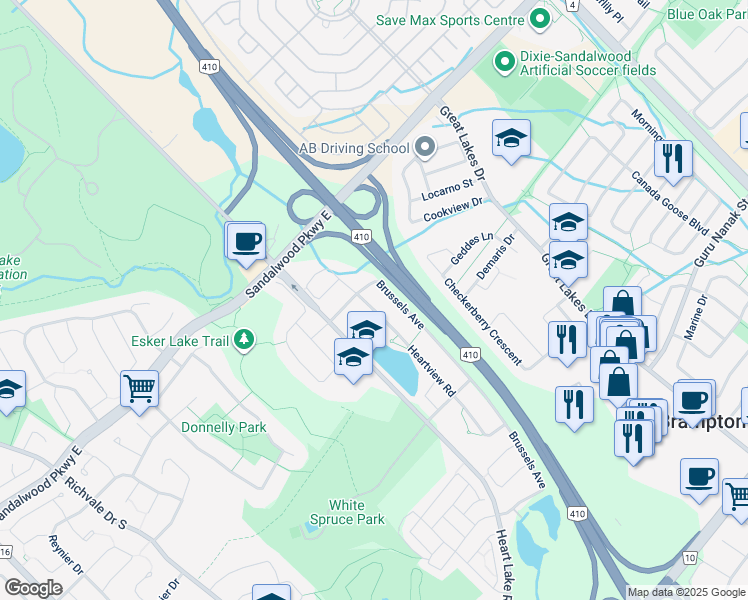 map of restaurants, bars, coffee shops, grocery stores, and more near 252 Brussels Avenue in Brampton