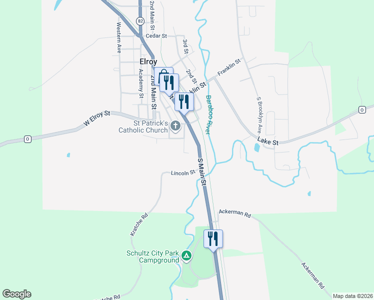 map of restaurants, bars, coffee shops, grocery stores, and more near 117 State Road 80 in Elroy