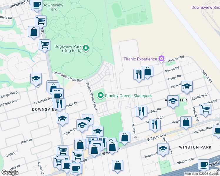 map of restaurants, bars, coffee shops, grocery stores, and more near 134 William Duncan Road in Toronto