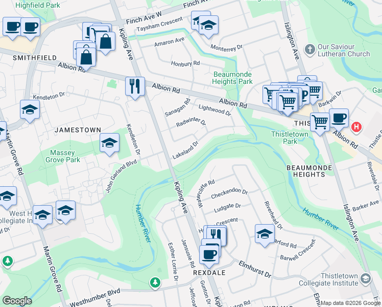 map of restaurants, bars, coffee shops, grocery stores, and more near 31 Lakeland Drive in Toronto