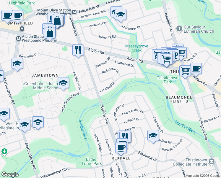 map of restaurants, bars, coffee shops, grocery stores, and more near 31 Lakeland Drive in Toronto