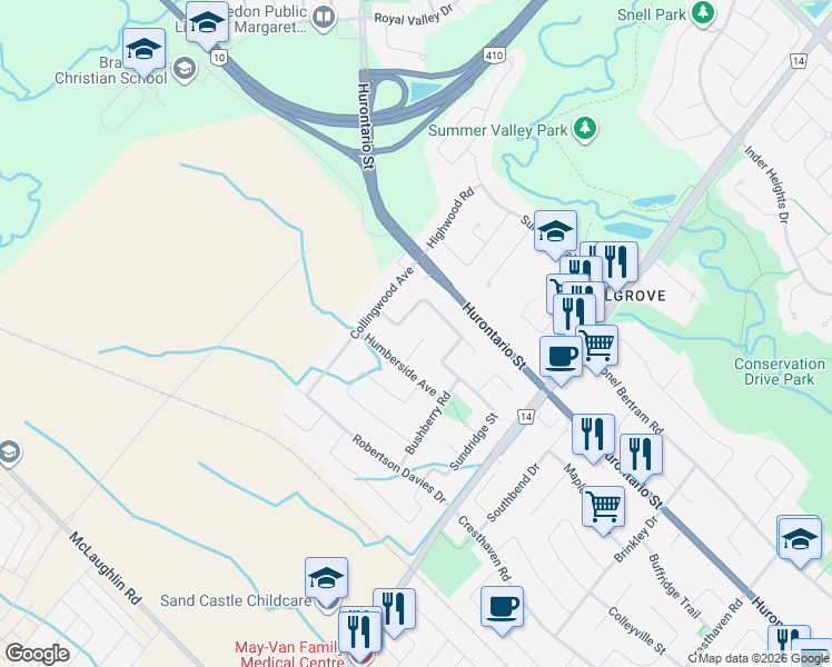 map of restaurants, bars, coffee shops, grocery stores, and more near 16 Ash Court in Brampton