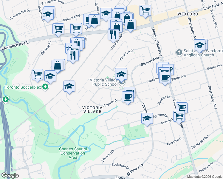 map of restaurants, bars, coffee shops, grocery stores, and more near Sweeney Drive in Toronto