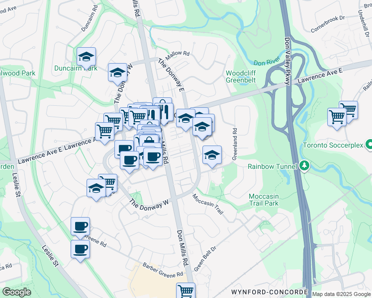 map of restaurants, bars, coffee shops, grocery stores, and more near 12 The Donway East in Toronto