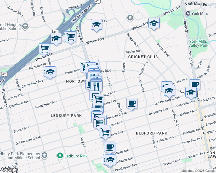 map of restaurants, bars, coffee shops, grocery stores, and more near 69 Haddington Avenue in Toronto