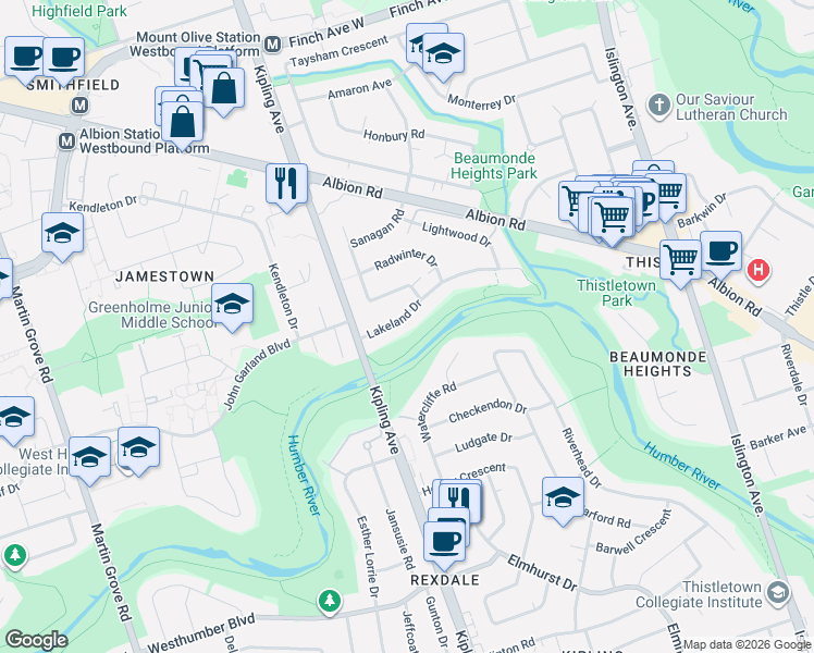map of restaurants, bars, coffee shops, grocery stores, and more near 22 Lakeland Drive in Toronto