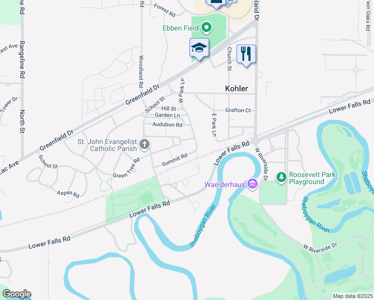 map of restaurants, bars, coffee shops, grocery stores, and more near 418 Summit Road in Kohler