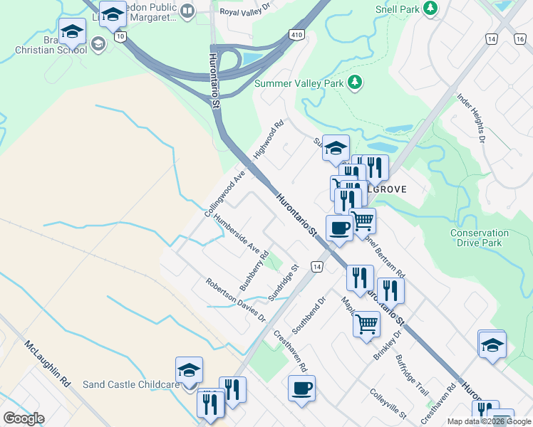 map of restaurants, bars, coffee shops, grocery stores, and more near 46 Lakefield Road in Brampton