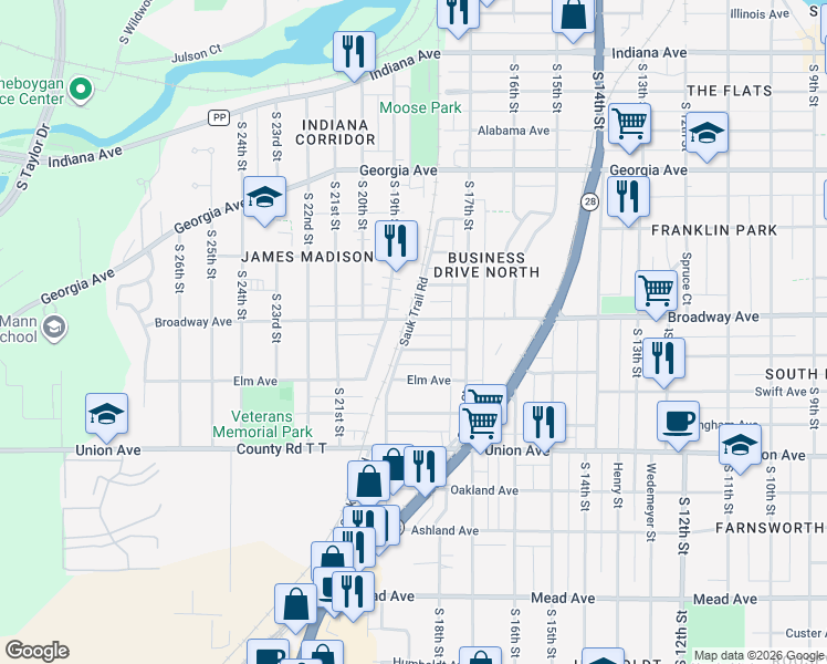 map of restaurants, bars, coffee shops, grocery stores, and more near in Sheboygan