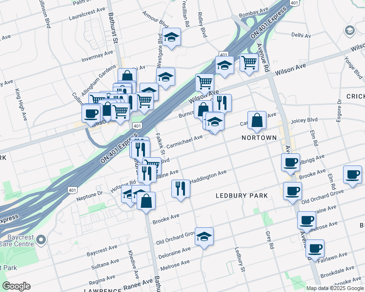 map of restaurants, bars, coffee shops, grocery stores, and more near 197 Carmichael Avenue in Toronto