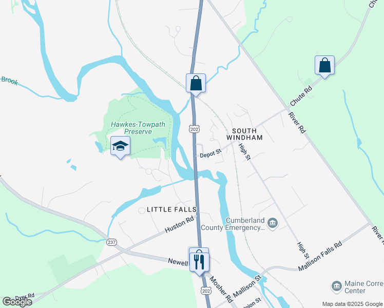 map of restaurants, bars, coffee shops, grocery stores, and more near 16 Main Street in Windham