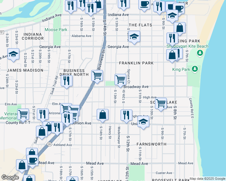 map of restaurants, bars, coffee shops, grocery stores, and more near 1708 S 13th St in Sheboygan