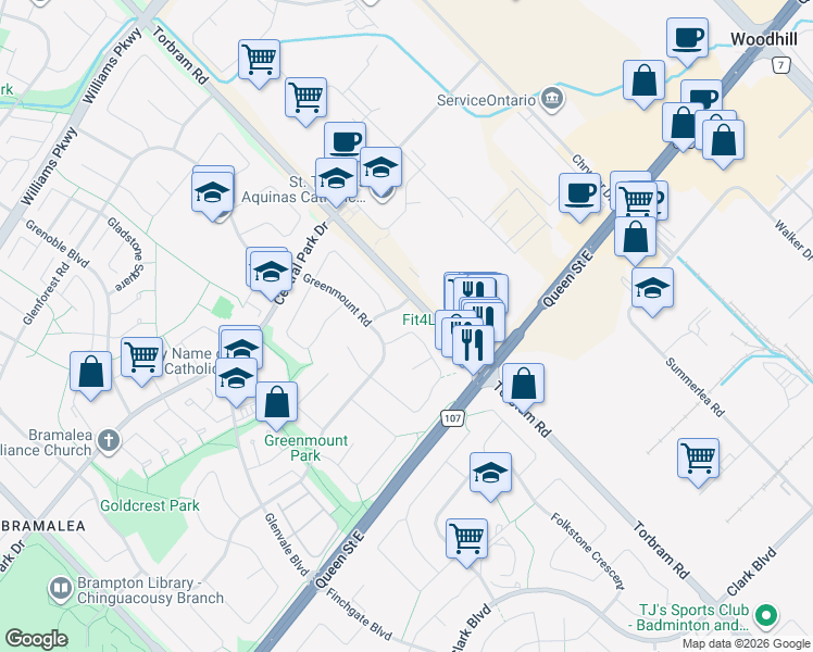 map of restaurants, bars, coffee shops, grocery stores, and more near 73 Groveland Crescent in Brampton