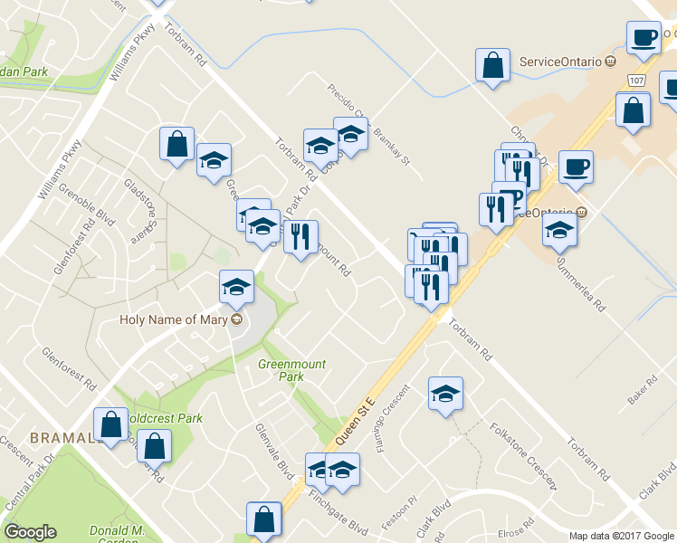 map of restaurants, bars, coffee shops, grocery stores, and more near 80 Greenmount Road in Brampton