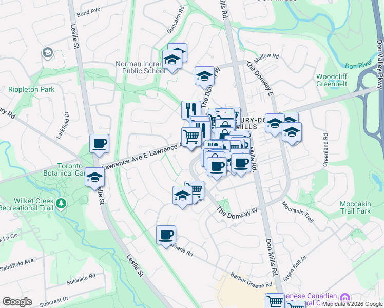 map of restaurants, bars, coffee shops, grocery stores, and more near 170 The Donway West in Toronto