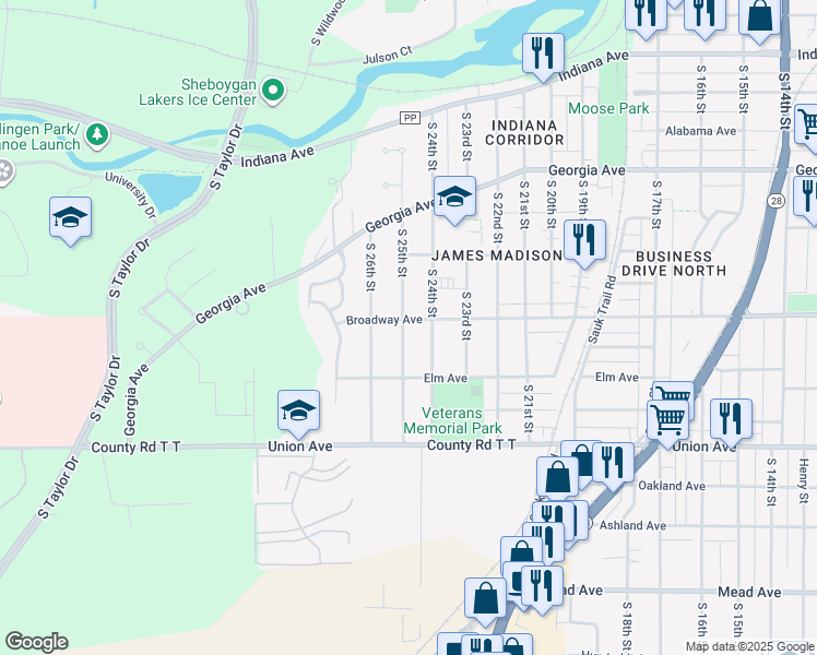 map of restaurants, bars, coffee shops, grocery stores, and more near 1703 South 25th Street in Sheboygan