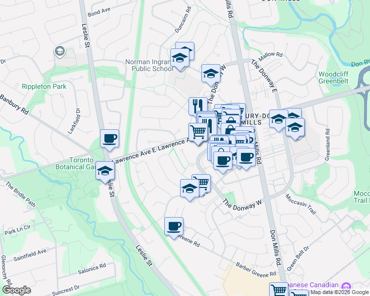 map of restaurants, bars, coffee shops, grocery stores, and more near 33 Sanderling Place in Toronto