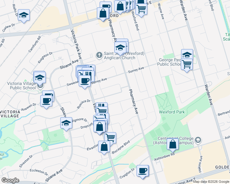 map of restaurants, bars, coffee shops, grocery stores, and more near 26 Innismore Crescent in Toronto