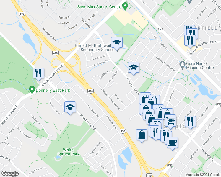 map of restaurants, bars, coffee shops, grocery stores, and more near 26 Lillian Crescent in Brampton