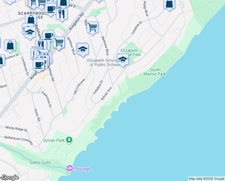 map of restaurants, bars, coffee shops, grocery stores, and more near 133 Sylvan Avenue in Toronto