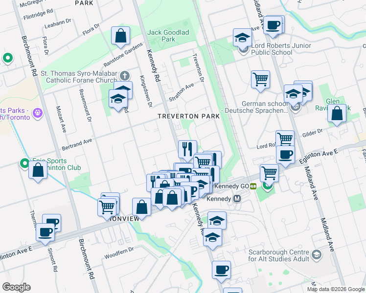 map of restaurants, bars, coffee shops, grocery stores, and more near 825 Kennedy Road in Toronto