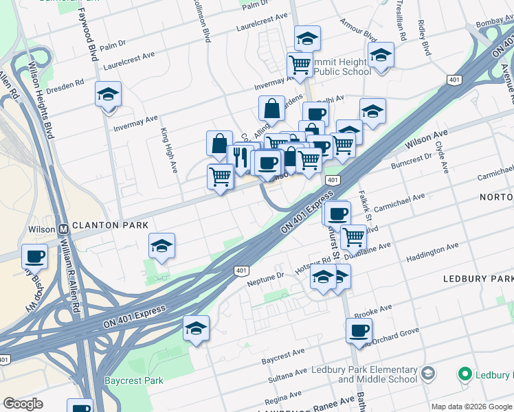 map of restaurants, bars, coffee shops, grocery stores, and more near 7 Cadillac Avenue in Toronto