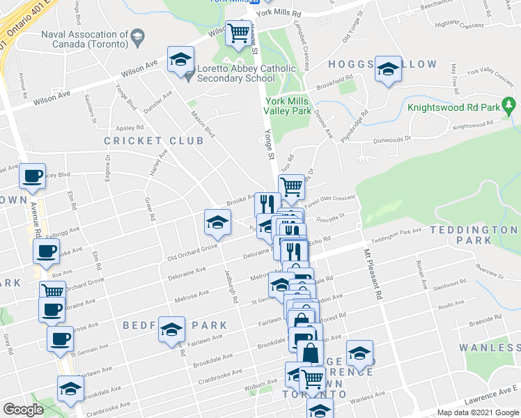 map of restaurants, bars, coffee shops, grocery stores, and more near 26 McNairn Avenue in Toronto