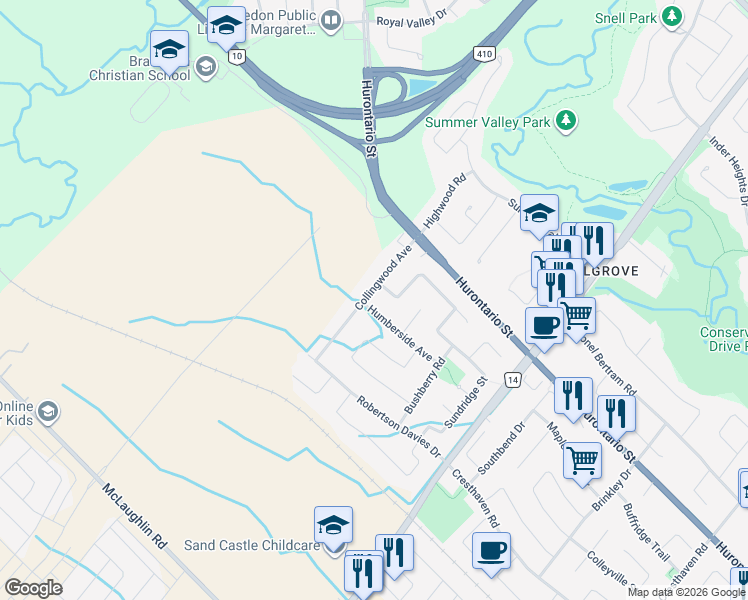 map of restaurants, bars, coffee shops, grocery stores, and more near 43 Collingwood Avenue in Brampton