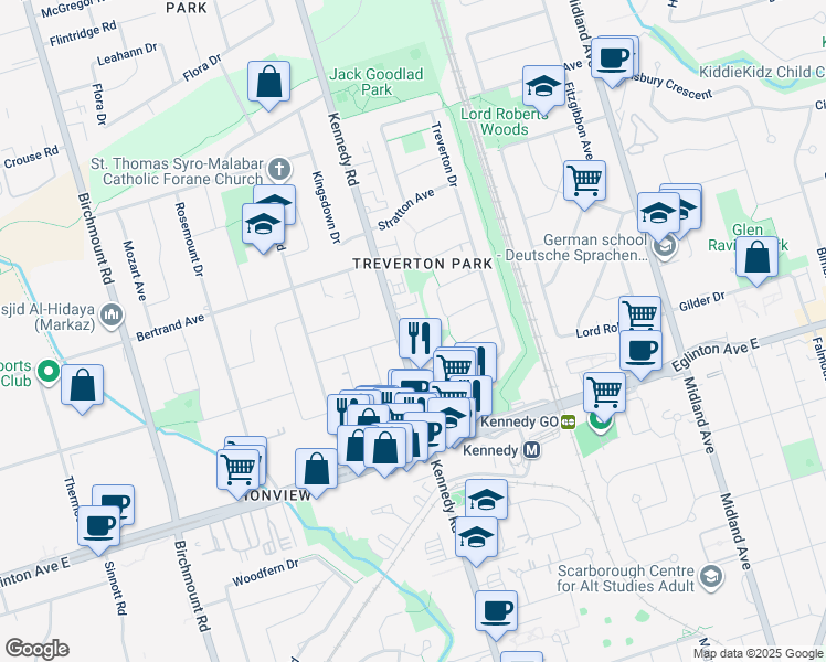 map of restaurants, bars, coffee shops, grocery stores, and more near in Toronto