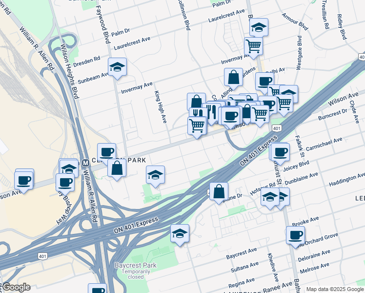 map of restaurants, bars, coffee shops, grocery stores, and more near in Toronto