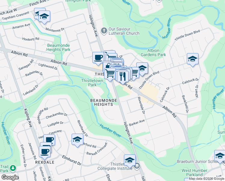 map of restaurants, bars, coffee shops, grocery stores, and more near 2606 Islington Avenue in Toronto