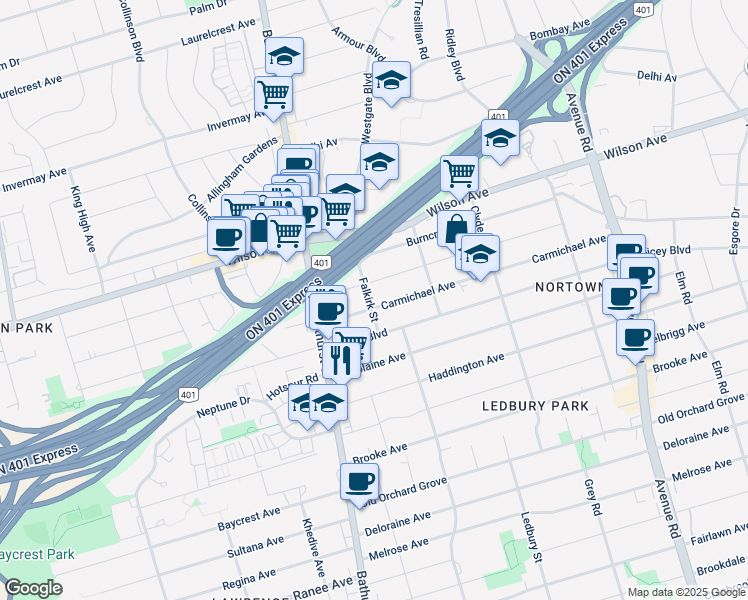 map of restaurants, bars, coffee shops, grocery stores, and more near 216 Carmichael Avenue in Toronto
