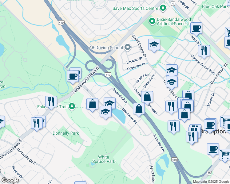 map of restaurants, bars, coffee shops, grocery stores, and more near 252 Brussels Avenue in Brampton