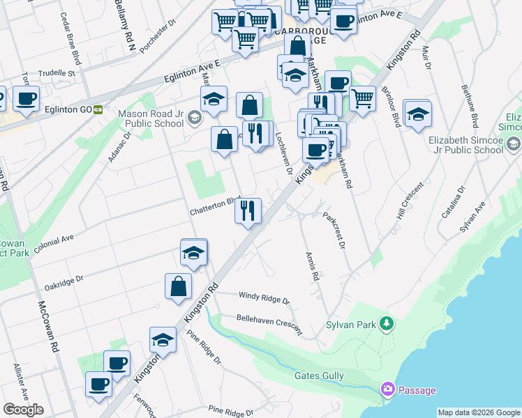 map of restaurants, bars, coffee shops, grocery stores, and more near 13 Vasto Lane in Toronto