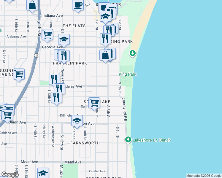 map of restaurants, bars, coffee shops, grocery stores, and more near 733 Broadway Ave in Sheboygan
