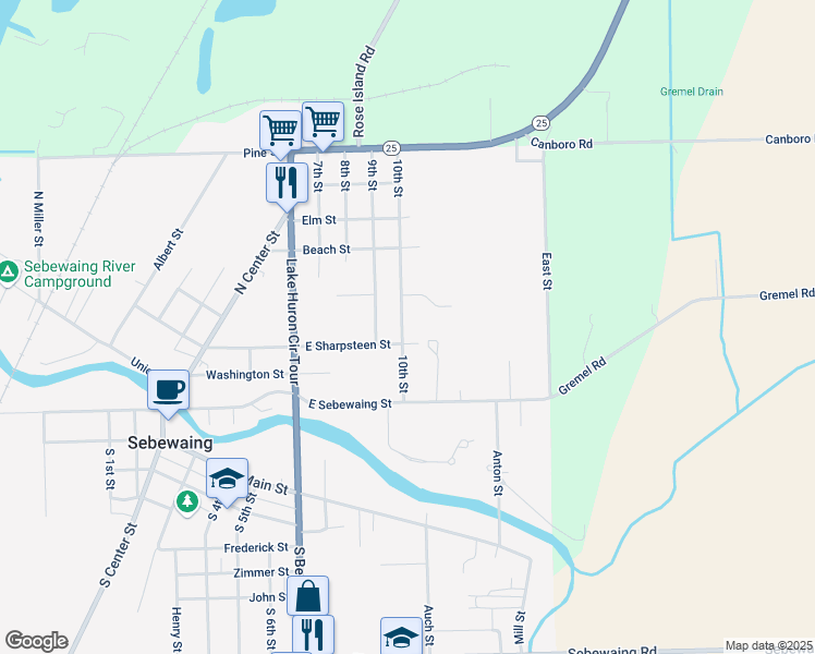map of restaurants, bars, coffee shops, grocery stores, and more near 350 10th Street in Sebewaing