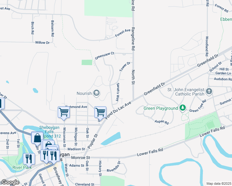 map of restaurants, bars, coffee shops, grocery stores, and more near 1 Alfred Miley Avenue in Sheboygan Falls
