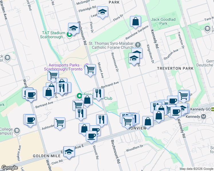 map of restaurants, bars, coffee shops, grocery stores, and more near 1 Mozart Avenue in Toronto