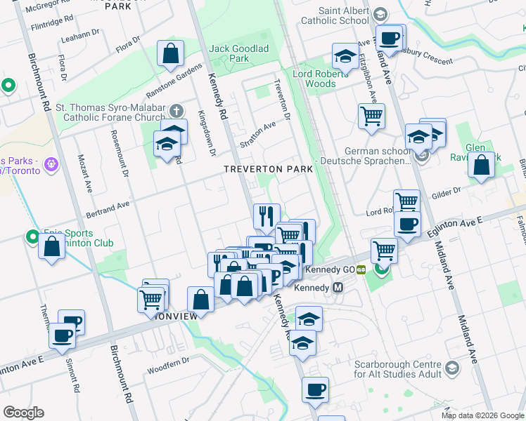 map of restaurants, bars, coffee shops, grocery stores, and more near 825 Kennedy Road in Toronto