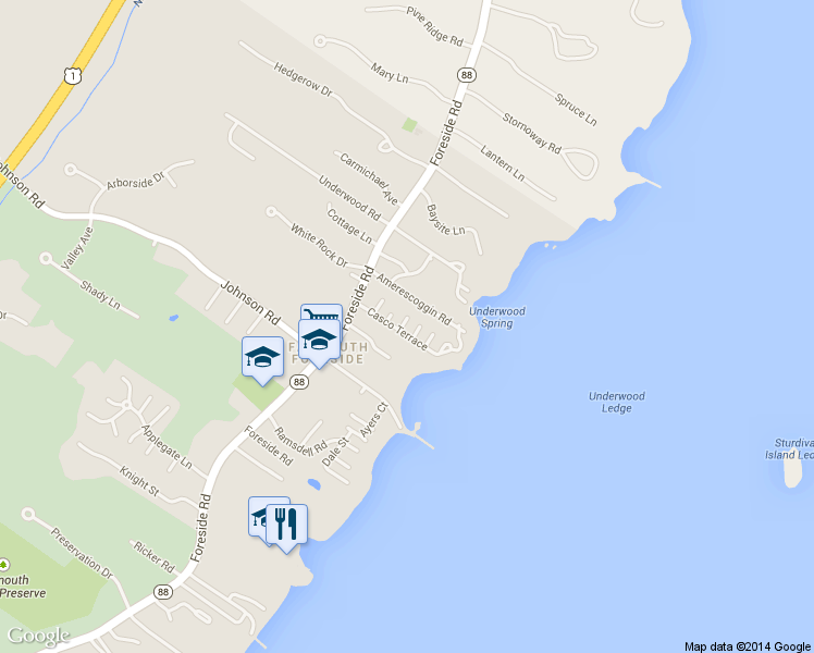 map of restaurants, bars, coffee shops, grocery stores, and more near 16 Casco Terrace in Falmouth