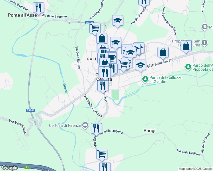 map of restaurants, bars, coffee shops, grocery stores, and more near 266A Via Senese in Firenze