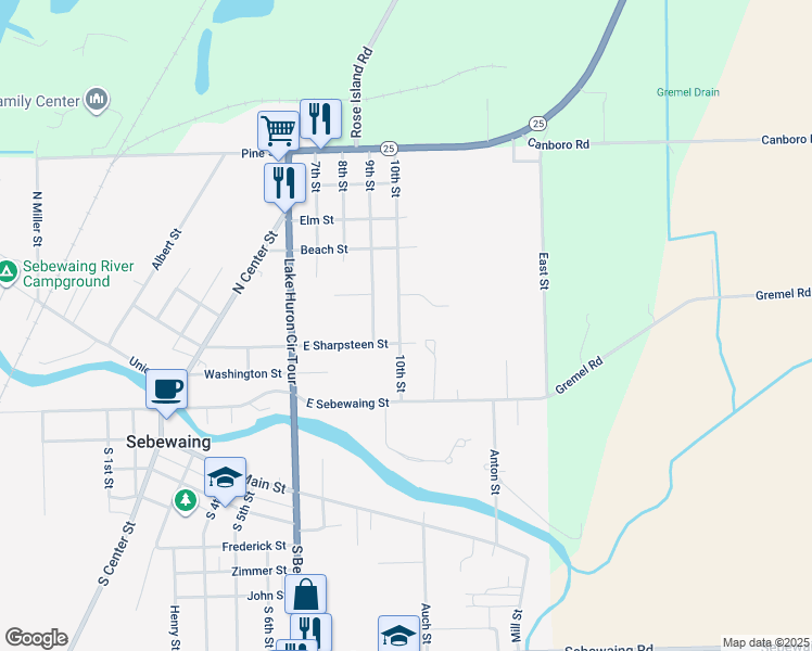 map of restaurants, bars, coffee shops, grocery stores, and more near 352 10th Street in Sebewaing