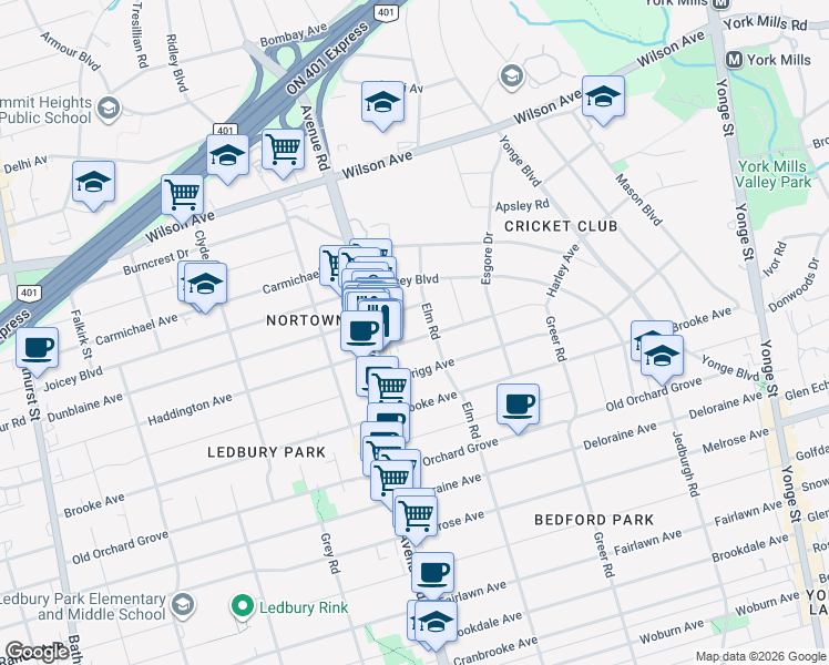 map of restaurants, bars, coffee shops, grocery stores, and more near 76 Haddington Avenue in Toronto