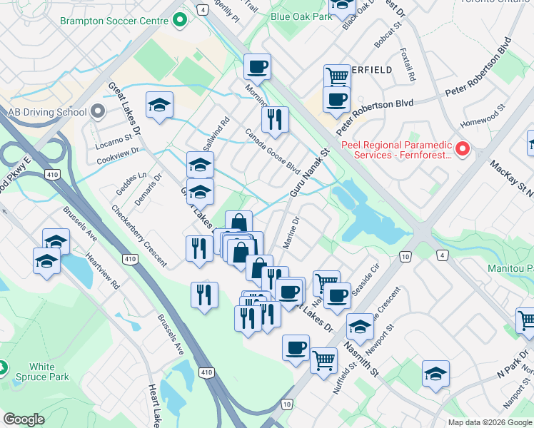 map of restaurants, bars, coffee shops, grocery stores, and more near 22 Blue Whale Boulevard in Brampton