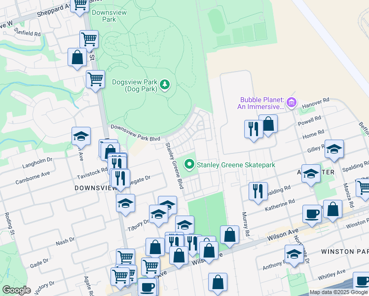 map of restaurants, bars, coffee shops, grocery stores, and more near 55 Thomas Mulholland Drive in Toronto