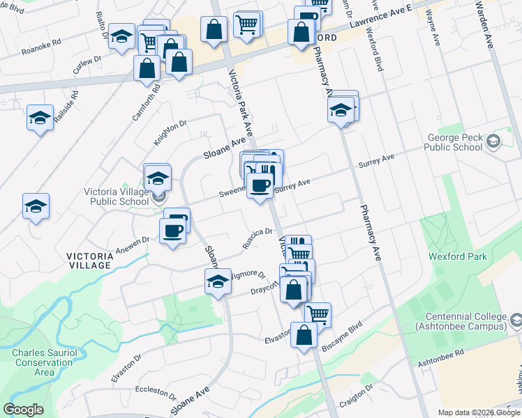 map of restaurants, bars, coffee shops, grocery stores, and more near 1710 Victoria Park Avenue in Toronto